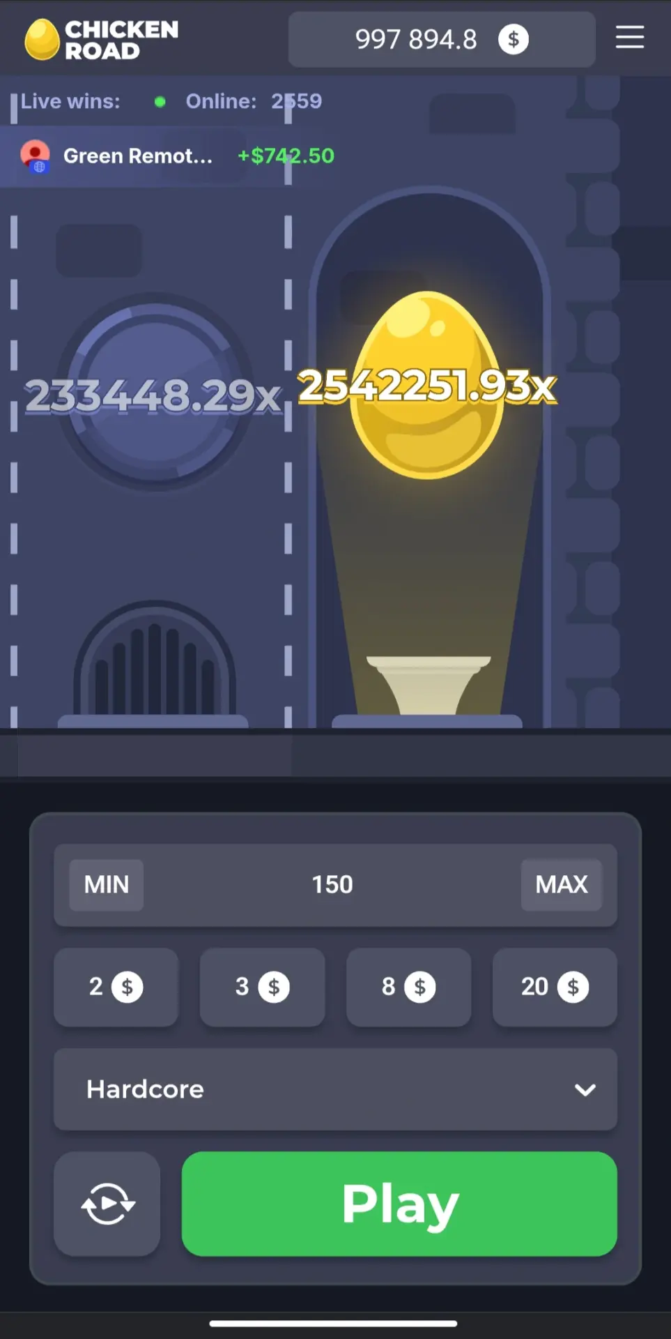 Main award screen in Chicken Road with the top multiplier reached