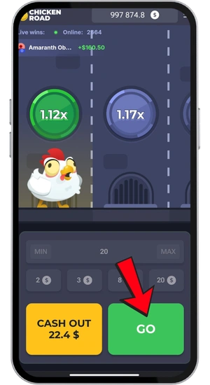 Chicken Road round in progress with the hen crossing lanes and the multiplier growing